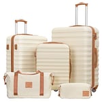 COOLIFE Set de Valises-Voyage Valise ABS avec Cadenas TSA Poignée télescopiq,1 Bagage Cabine Extensibles et 1 Portable Trousse de Maquillage (Abricot/Blanc, Set de 5 pièces)