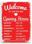 "Welcome to Our Kitchen" Red Metal Wall Sign Plaque Art Inspirational Slogan Funny