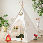 Tipi Tente pour Enfants avec Lumières & Jouet de Feu de Camp & Sac de Transport, Lavable Toile de Coton Naturel -Tente Enfant Interieur, Tipi Exterieur Enfant pour Filles et Garçons