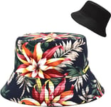 Malaxlx Motif Floral Noir Bob Chapeau de Pêcheur Femme Homme Chapeau de Soleil Réversible Chapeau de Seau Anit-UV d'été Chapeau de Plage Pliable