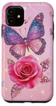 Coque pour iPhone 11 Rose et papillon mignon sur fond rose