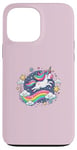 Coque pour iPhone 13 Pro Max Licorne ludique volant à travers le ciel étoilé avec arc-en-ciel