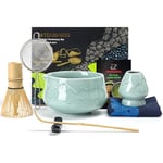 TEANAGOO Fouet à Matcha Japonais (7pcs) Set de Matcha Kit Mtacha Bol à Matcha avec bec verseur Fouet à Matcha en Bambou (chasen) Scoop (chashaku) Support pour Fouet à Matcha.N36,Bleu Céladon