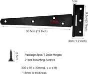 3PCS T Charniere Porte, 12 Pouces 300 mm Charnières Porte T Extérieur, Lourd Porte Charnière Porte Grange, Charnières Porte Noire avec Vis Pour Portes Hangar,Portes Jardin,Portes Bois,Portes Grange