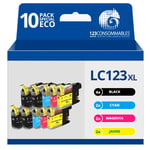 123CONSOMMABLES - LC123 - Pack 10 Cartouches Compatibles avec Brother LC123XL pour Imprimante DCP-J132W J152W J172W J552DW J752DW J4110DW MFC-J245 J6520DW J6720DW (4 Noir / 2 Cyan / 2 Magenta / 2 Jaune)