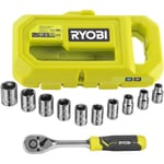 RYOBI - Coffret 1 clé 90 dents, 8 douilles (de 8 à 15 mm) & adaptateur 1/4’’ - 3/8’’ - Compatible Ryobi® LINK - RHRS10PC