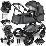 KIDUKU® Poussette Combinée 3 en 1 | Trio pour Enfants | Siége Auto Légère, Piable | Nacelle Souple Convertible | Set de Voyage (Anthracite)