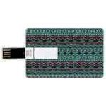 8G USB Flash Drives Credit Card Shape Tribal Memory Stick Bank Card Style Hand Drawn Ethnic Aztec Design Geometric Pattern with Sharp Shapes and Stripes,Red Blue Teal Waterproof Pen Thumb Lovely Jump