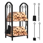 vounot Porte Bûches de Cheminée avec 4 Outils Grande et 2 Étagères en Métal Grande Capacité Support de Stockage de Bois Intérieur Extérieur Range Bûches Multi Accessoires 75 * 38 * 38cm Noir