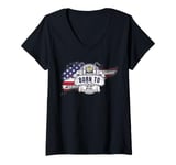 Womens Born For A Purpose, To Ride it. USA American Flag Motorcycle V-Neck T-Shirt