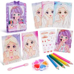 Aomig Livre de Peinture À L'aquarelle pour Enfants, Make-Up Arts et Maquillage Kit de Dessin pour Fille, Jouet de Maquillage sur Papier et Autocollants Éblouissants de Princesse pour Anniversaire