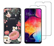 NOVAGO Compatible avec Samsung Galaxy A10 A105 - (Pack 3 en 1) Coque Souple et Solide Transparente + 2 Films en Verre trempé résistants Anti Casse écran (Films Plus Petits Que l'écran) (Grosse Fleur).