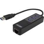 USB 3.0 netværkskort - 10/100/1000Mbps - 1xRJ45 + 3 x Hub