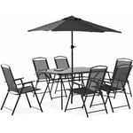 Salon de jardin table et 6 chaises pliantes avec parasol central - Gris Anthracite