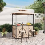 3 Pcs Abri Barbecue avec Bar d'Extérieur,Table de Bar en Verre Trempé, 2 Tabourets, Porte-Verres, Abri de Grill à Double Toit pour Jardin, Piscine,