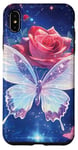 Coque pour iPhone XS Max Rose et papillon mignon sur fond bleu