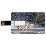 64G USB Flash Drives Credit Card Shape Waterfall Memory Stick Bank Card Style Image of a Large Majestic Tiger in the Waterfall Exotic Wildlife Animal in Nature,Multi Waterproof Pen Thumb Lovely Jump D