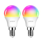 ANWIO E14 WiFi Smart LED Bulb, G45 Alexa Light Bulbs E14 Small Screw, Works with Alexa, Echo, 470LM, 5W Replace 40 Watt,Google Assistant, RGB Colour Changing Bulbs,TUYA/Smart Life APP (2 Pack)