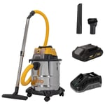 Aspirateur 20V Sans fil Eau et Poussières Cuve Inox 20L + Batterie lithium 2Ah Vito