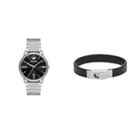 EMPORIO ARMANI Men's Watch Silver Stainless Steel and Bracelet Black Leather, Set