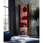 Vitrine Armoire Tivoli, Wotan/Noir, Largeur 55cm x Hauteur 159cm x Profondeur 35cm, led rgb, 3 étagères, pour Salon, Chambre, Entrée - Komodee