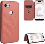 Compatible Avec Coque Google Pixel 3 Xl, Mince Flip Fibre De Carbone [Test De Chute] Antichoc Stand Fente Avec Carte, Protecteur D'écran En Verre Trempé*2-Marron