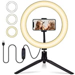 OUSFOT Ring Light with Tripod Stand & Phone Holder 10 Inch Stepless Dimmable LED Ring Lamp with 3-Color Modes USB Powered Circle Light with Remote for Selfie Makeup Video Shooting Live Streaming