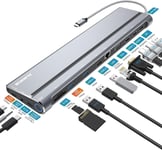 Station D'Accueil-Hub Usb C 14 En 1 Avec Triple Écran,Adaptateur De Type Compatible Macbook Et Windows(4K Dual Hdmi Dp Vga Usb3.1 Lecteur Carte Sd Tf Gigabit Ethernet Usb3.0 Port)Gris