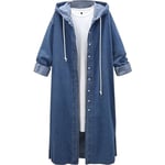 Womens Long Denim Jacket Oversized Drawstring Hooded Midi Jean Jacket, STORLEK