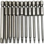 Säkerhet Torx Bits 11 st 1/4 tum sexkantsfäste T6 T7 T8 T9 T10 T15 T20 T25 T27 T30 T40 3 tum längd S2 Stål Skruvmejsel Borr Set (11st 75mm)