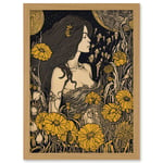 Woman in Flower Field Midsummer Night Illustration Artwork Framed Wall Art Print A4