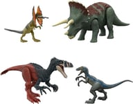 Mattel ​Jurassic World Dominion Survival Instincts Dinosaur Toys | Set of 4 Action Figures | Blue, Dilophosaurus and Roar Strikers Megaraptor and Pteranodon Figures ​​, HJJ85