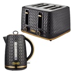 Tower Empire Kettle & 4 Slice Toaster Kitchen Set Brass Accents (Black)