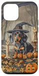 iPhone 14 Pro Funny Blue and Tan Dachshund Dog Witch Hat Halloween Men Case