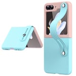 Miimall Compatible with Samsung Galaxy Z Flip 5 Case with Strap, PU Leather Case with Kickstand Wristband for Z Flip 5, Ultra-Thin Shockproof Bumper Protective Cover for Z Flip 5, Ice Blue+Pink