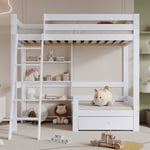 Lit mezzanine 90x200 cm, lit en bois avec canapé et un tiroir au dessous, échelle inclinée à cinq marches, sommier à lattes - blanc