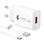 Chargeur USB Rapide 18W avec Câble USB C 2M, Quick Charge 3.0 Adaptateur Prise USB Secteur Chargeur Telephone Charge Rapide pour Samsung Galaxy S23/S22/S21/S10/S9/A13/A14/A34/A54,Xiaomi,Redmi,Huawei