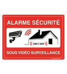 AUA SIGNALETIQUE - Panneau Prépercé avec Angles arrondis - Alarme Sécurité sous Vidéo Surveillance 24h/24-490 x 350 mm, Aluminium Dibond 3mm