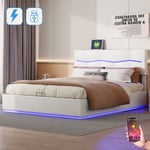 Lit adulte capitonné 160x200 cm, avec led en forme d'éclair, rangement, usb fonction de charge, sommier à lattes, lit double en similicuir - Beige