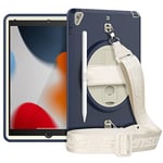 HUEZOE Coque pour iPad 9/8/7 (10,2 Pouces, modèle 2021/2020/2019), Housse Étu Protection Intégrale Antichoc avec Béquille Rotative à 360 Degrés Dragonne avec Porte-Stylo, Bleu Marin