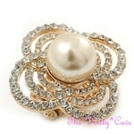 Big Gold Plt Stylised Simulated Pearl Flower Cocktail Ring w/ Swarovski Crystals