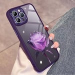 iPhone 12 Pro Case for Women and Girls, Built-in Glitter Camera Lens Protector, Transparent, Shockproof, Scratch-Resistant, with Fairy Rose Flower Pattern Design (Purple)