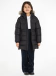 Tommy Hilfiger Kids' Longline Quilted Fur Hood Coat, Black