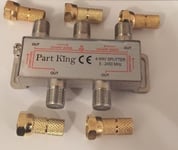 Part King 4 Way Aerial Freeview Virgin Media TV Cable Splitter + Gold F Plugs