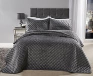 Quilted Velvet Bedspread Bed Throwover 2 Pillow shams Silver Grey Double or King