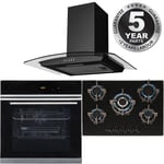 Black 10 Function Single Fan Oven, 70cm 5 Burner Gas Hob & Curved Cooker Hood