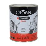 Crown Paint 750ml Non Drip Gloss Pure Brilliant White Coat Interior Exterior