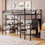 Lit mezzanine 90x200cm - lit enfant avec 3 étagères de rangement, bureau, armoire, échelles avec compartiments - Lit en fer noir