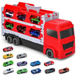 Xoolkly Camion de Transporteur Piste de Course Éjectable Camion Jouet Voiture avec 12 Petite Voiture Camion Jouets de Transport Portable Cadeau de Transporteur Jouet Enfant pour 3 4 5 Ans, Rouge