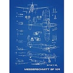 Messerschmitt BF 109 Fighter Plane 2 Blueprint Plan Unframed Wall Art Print Poster Home Decor Premium Combattant Avion Bleu Mur Affiche Accueil Déco